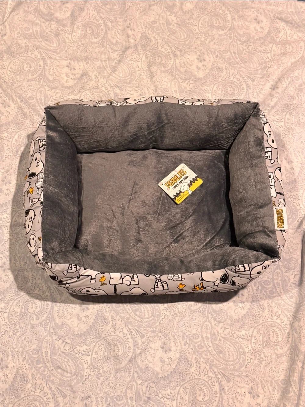 Peanuts Gray Plush Small Pet Bed with Snoopy & Woodstock Print